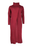 Red Casual Solid Slit Turtleneck Long Sleeve Dresses