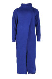 Blue Casual Solid Slit Turtleneck Long Sleeve Dresses