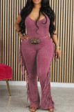 Orange Street Solid Tassel Patchwork U Neck Regular Jumpsuits
