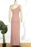 Pink Casual Solid Patchwork High Opening One Shoulder Long Dress Dresses