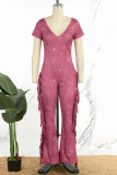 Orange Street Solid Tassel Patchwork U Neck Regular Jumpsuits