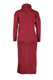 Red Casual Solid Slit Turtleneck Long Sleeve Dresses