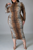 Tiger Pattern Casual Print Basic Half A Turtleneck Long Sleeve Plus Size Dresses