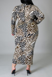 Leopard Print Casual Print Basic Half A Turtleneck Long Sleeve Plus Size Dresses