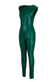Silver Casual Patchwork Sequins O Neck Plus Size Jumpsuits (Without Belt)