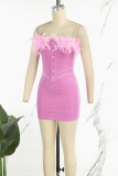 Pink Sexy Solid Patchwork Feathers Strapless Strapless Dress Dresses