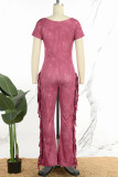Orange Street Solid Tassel Patchwork U Neck Regular Jumpsuits