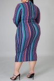 Stripe Casual Print Basic Half A Turtleneck Long Sleeve Plus Size Dresses