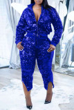 Blue Casual Patchwork Sequins Zipper Collar Plus Size Two Pieces