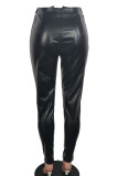 Black Casual PU Solid Knotted Loose Bottoms