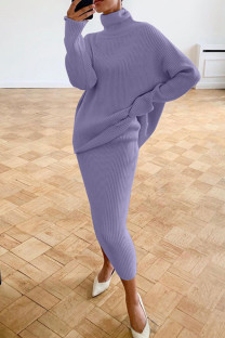 Light Purple Casual Solid Basic Turtleneck Long Sleeve Two Pieces