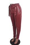 Burgundy Casual PU Solid Knotted Loose Bottoms