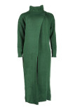 Green Casual Solid Slit Turtleneck Long Sleeve Dresses