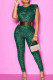 Green Casual Patchwork Sequins O Neck Plus Size Jumpsuits (Without Belt)