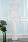 Pink Sexy Solid Sequins Patchwork Mesh O Neck Long Dress Dresses