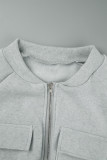 Grey Casual Solid Patchwork Draw String Pocket Zipper O Neck Long Sleeve Two Pieces