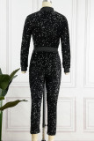 Black Casual Patchwork Sequins Zipper Collar Plus Size Two Pieces