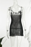 Black Sexy Patchwork Hot Drilling See-through Backless Spaghetti Strap Sleeveless Dress Dresses