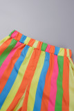 Colour Work Elegant Vacation Simplicity Geometric Striped Print Printing Turndown Collar Long Sleeve Two Pieces
