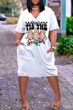 White Khaki Casual Print Basic V Neck Short Sleeve Dress