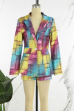Multicolor Work Party Elegant Print Printing Turndown Collar Long Sleeve Two Pieces