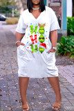White Green Casual Print Basic V Neck Short Sleeve Dress