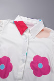 White Casual Sweet Cute Vacation Print Bandage Printing Turndown Collar Long Sleeve Two Pieces