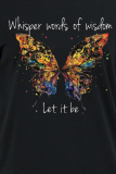 Black Casual Street Butterfly Print Patchwork Letter O Neck T-Shirts