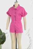 Rose Red Sexy Solid Ripped Patchwork Buckle Turndown Collar Regular Rompers