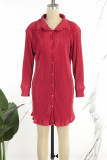 Red Casual Solid Patchwork Buckle Shirt Collar Shirt Dress Dresses