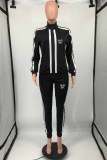 Black Casual Print Letter Zipper Collar Long Sleeve Two Pieces