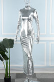 Gold Casual Solid Backless Turtleneck Long Dress Dresses