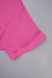 Rose Red Sexy Solid Ripped Patchwork Buckle Turndown Collar Regular Rompers
