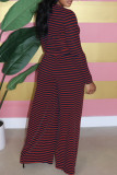 Coffee Casual Striped Patchwork O Neck Long Sleeve Two Pieces
