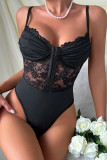 Black Sexy Solid Lace Spaghetti Strap Skinny Bodysuits