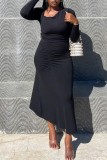 Black Casual Solid Fold Oblique Collar Long Sleeve Dresses