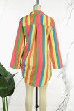 Colour Work Elegant Vacation Simplicity Geometric Striped Print Printing Turndown Collar Long Sleeve Two Pieces