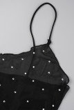 Black Sexy Patchwork Hot Drilling See-through Backless Spaghetti Strap Sleeveless Dress Dresses