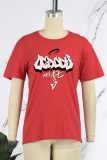 Red Casual Print Letter O Neck Mid Waist T-Shirts