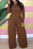 Coffee Casual Striped Patchwork O Neck Long Sleeve Two Pieces