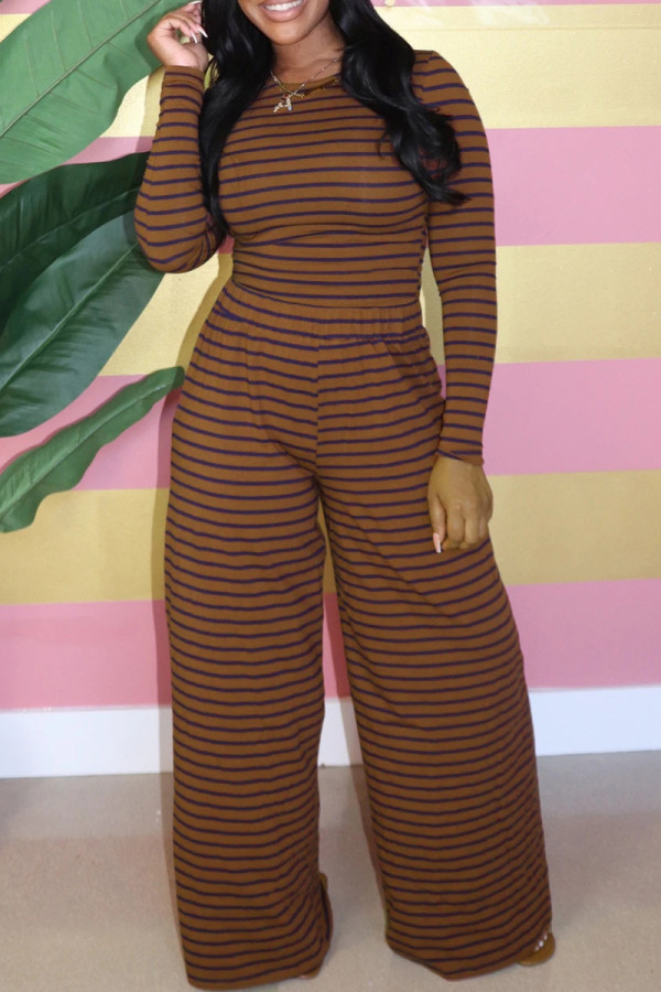 Coffee Casual Striped Patchwork O Neck Long Sleeve Two Pieces