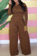 Coffee Casual Striped Patchwork O Neck Long Sleeve Two Pieces