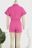 Rose Red Sexy Solid Ripped Patchwork Buckle Turndown Collar Regular Rompers