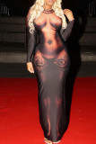 Skin Color Casual Print Basic O Neck Long Dress Dresses