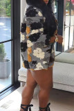 Grey Casual Floral Patchwork Buckle Turndown Collar Outerwear