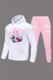 White Pink Casual Print Patchwork Draw String Pocket Hooded Collar Long Sleeve Two Pieces