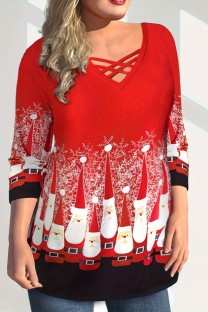 Red Casual Print Santa Claus Basic V Neck Plus Size Tops