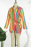 Colour Work Elegant Vacation Simplicity Geometric Striped Print Printing Turndown Collar Long Sleeve Two Pieces