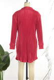Red Casual Solid Patchwork Buckle Shirt Collar Shirt Dress Dresses