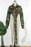 Camouflage Street Camouflage Print Patchwork Pocket Buckle Turndown Collar Tops